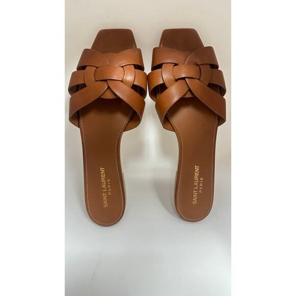 Saint Laurent Nu Pieds Tribute Flat Sandals- Tan Leather - Picture 1 of 7